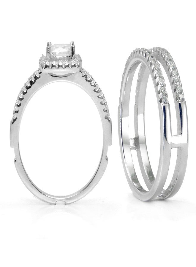 Metal Factory Sz 9 Sterling Silver Cushion Cubic Zirconia CZ 2Pc Halo Wedding Engagement Ring Insert Set - Image 2